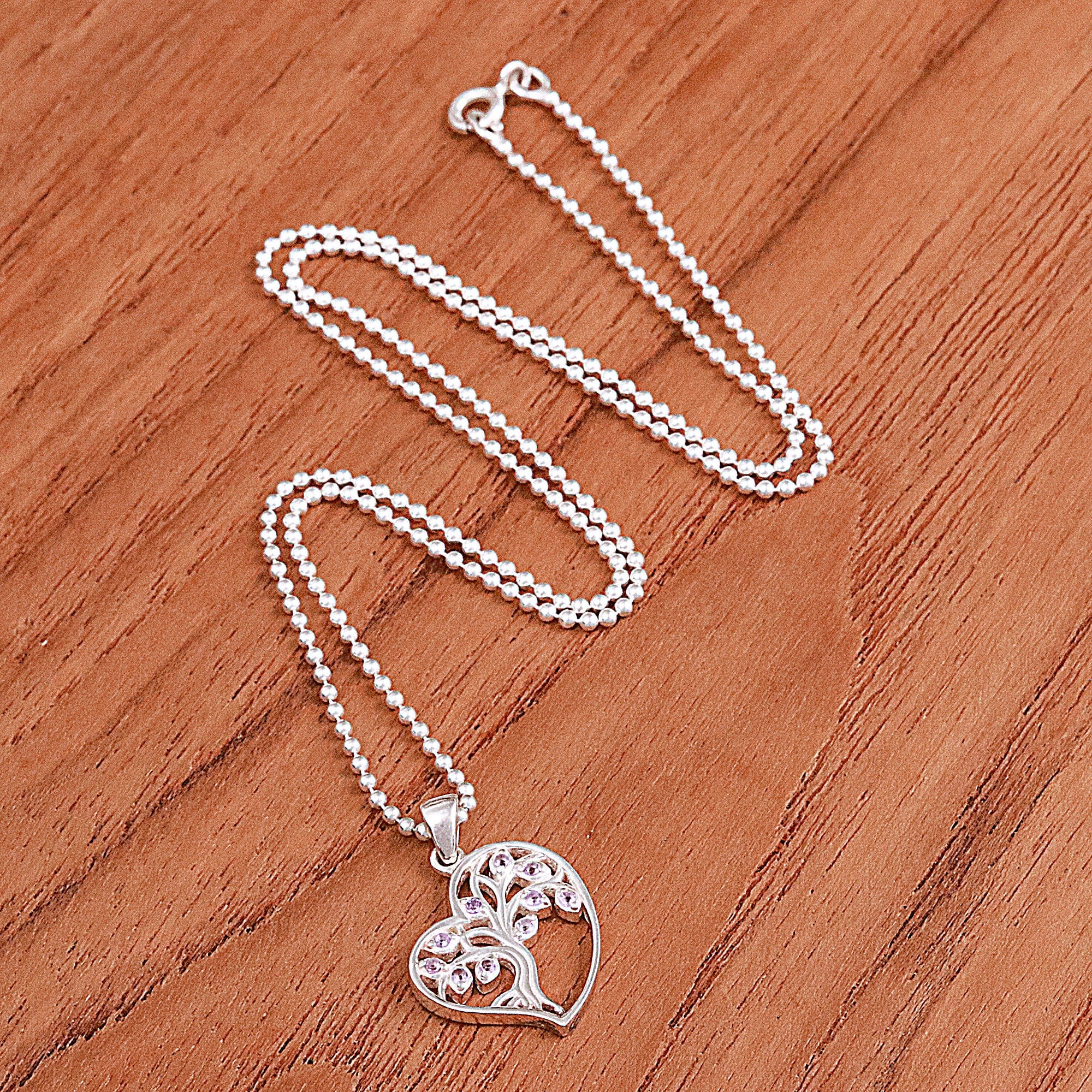 Amethyst Silver Heart Tree of Life-Themed Pendant Necklace - Radiant Heart Tree