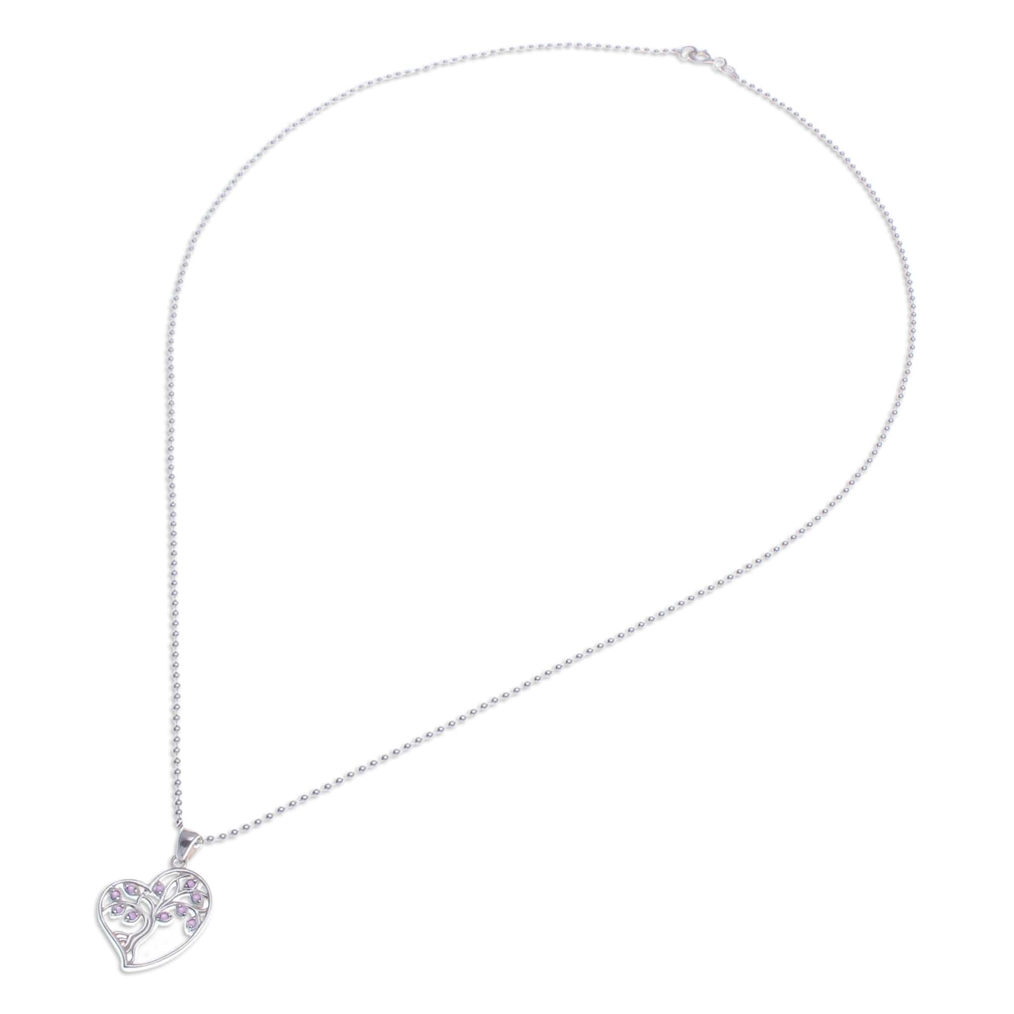 Amethyst Silver Heart Tree of Life-Themed Pendant Necklace - Radiant Heart Tree