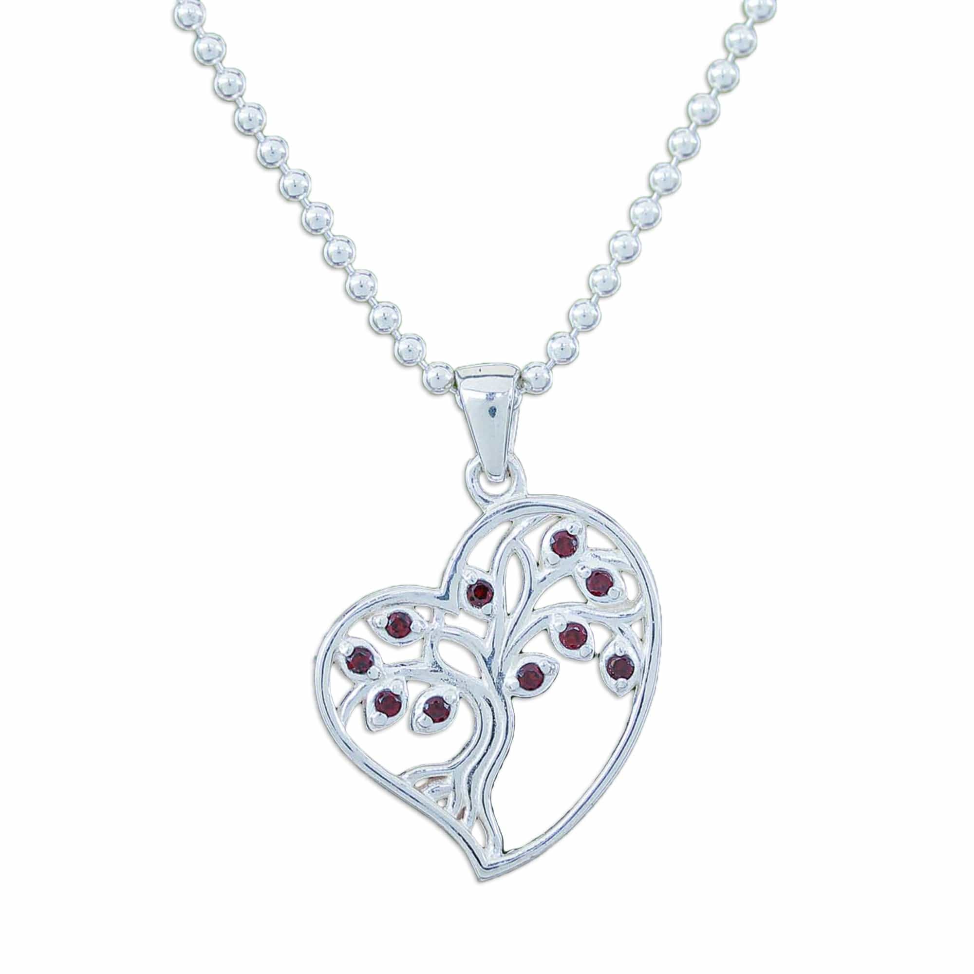 Garnet Silver Heart and Tree of Life-Themed Pendant Necklace - Fiery Heart Tree
