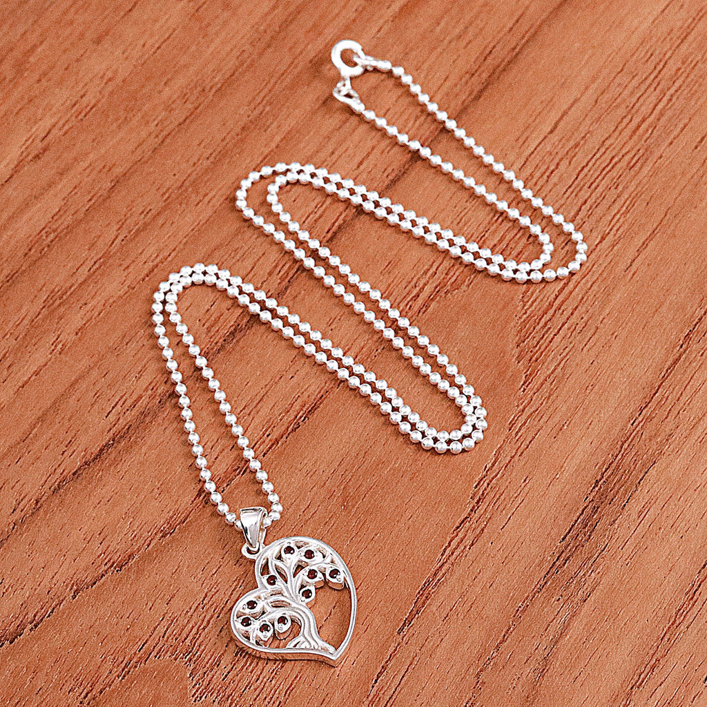 Garnet Silver Heart and Tree of Life-Themed Pendant Necklace - Fiery Heart Tree