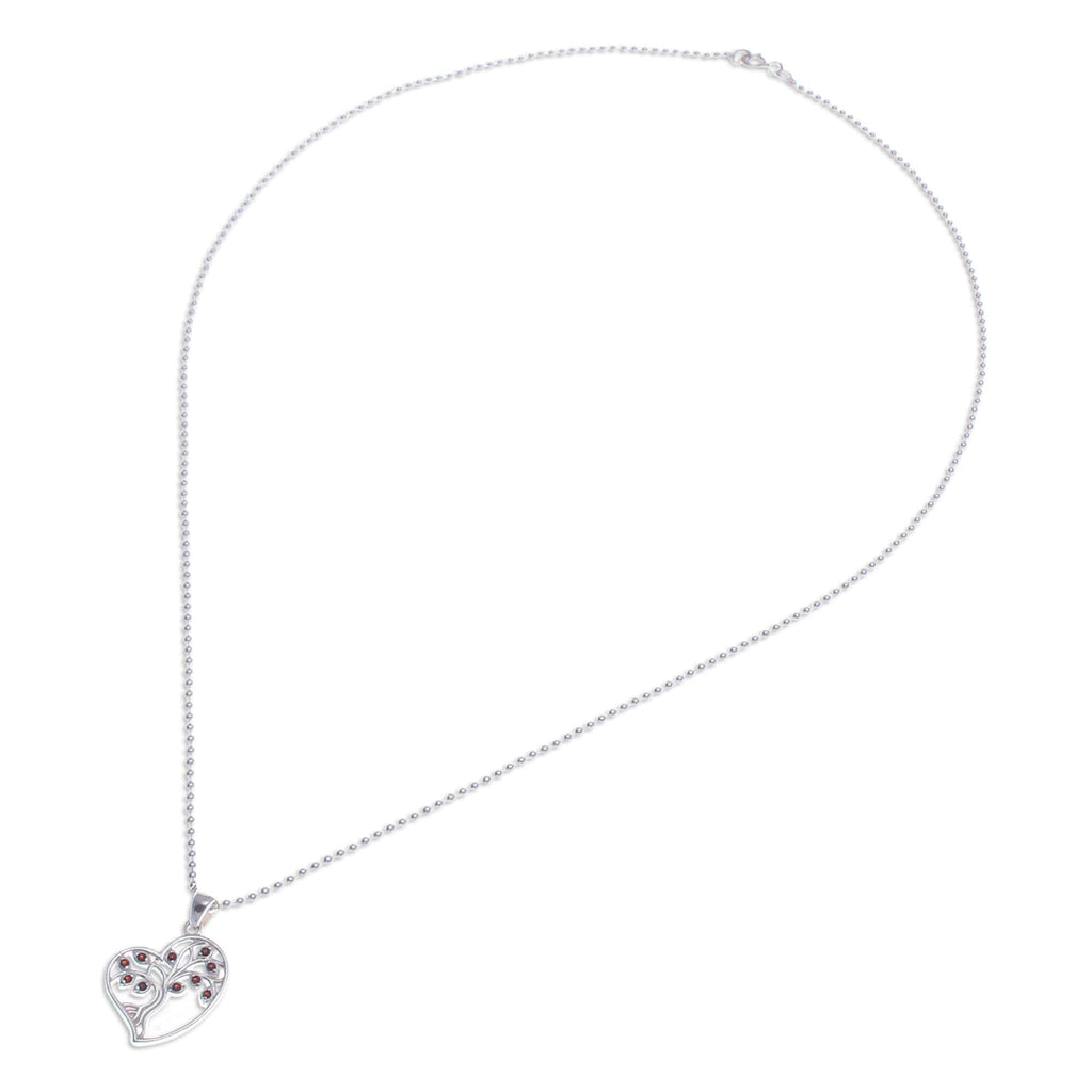 Garnet Silver Heart and Tree of Life-Themed Pendant Necklace - Fiery Heart Tree