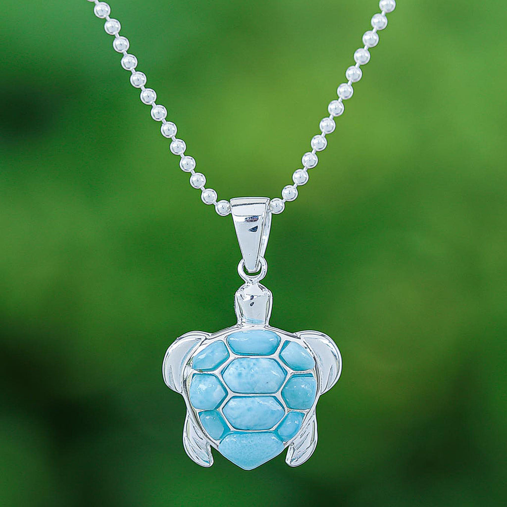 Larimar Sterling Silver Sea Turtle-Themed Pendant Necklace - Seaside Friend