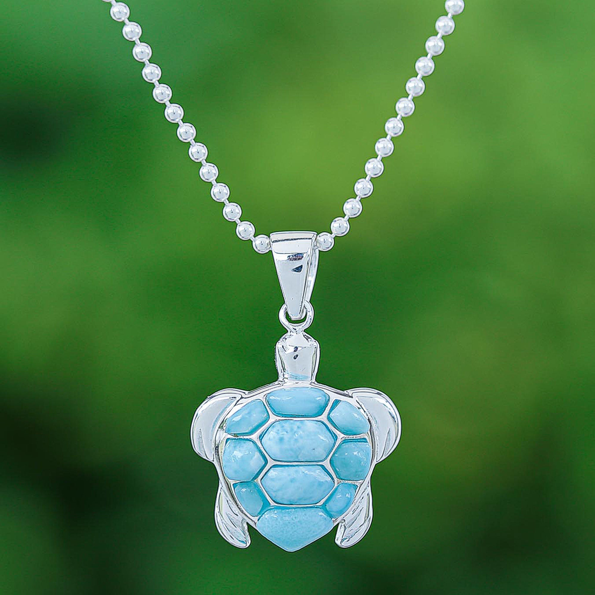 Larimar Sterling Silver Sea Turtle-Themed Pendant Necklace - Seaside Friend