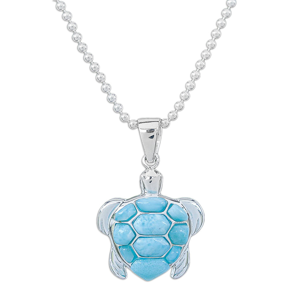 Larimar Sterling Silver Sea Turtle-Themed Pendant Necklace - Seaside Friend