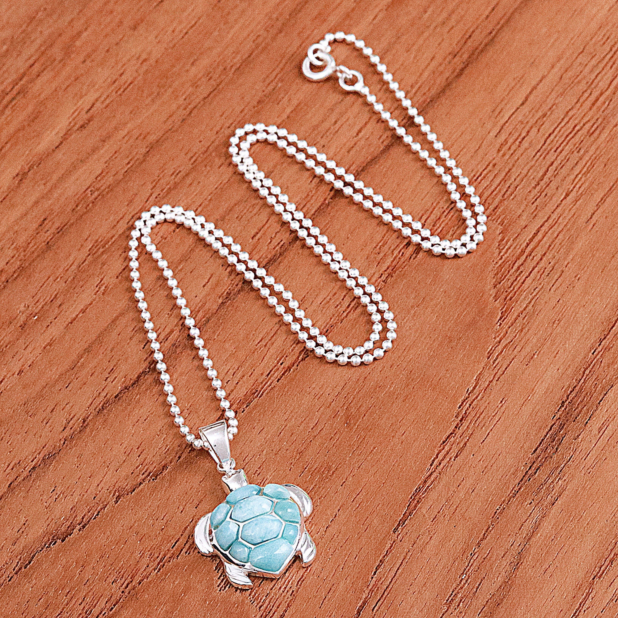Larimar Sterling Silver Sea Turtle-Themed Pendant Necklace - Seaside Friend