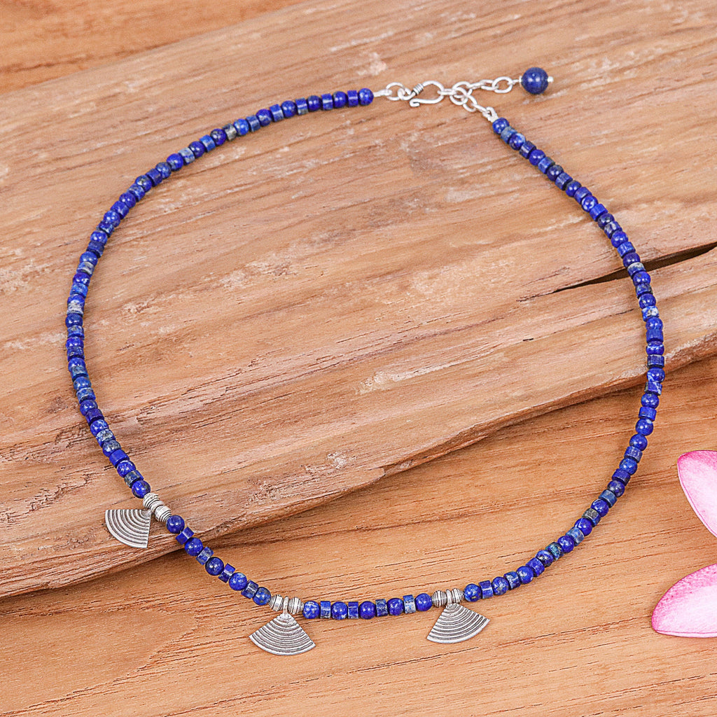 Lapis Lazuli Beaded Necklace with Fan-Shaped Silver Charms - Intellectual Amulet