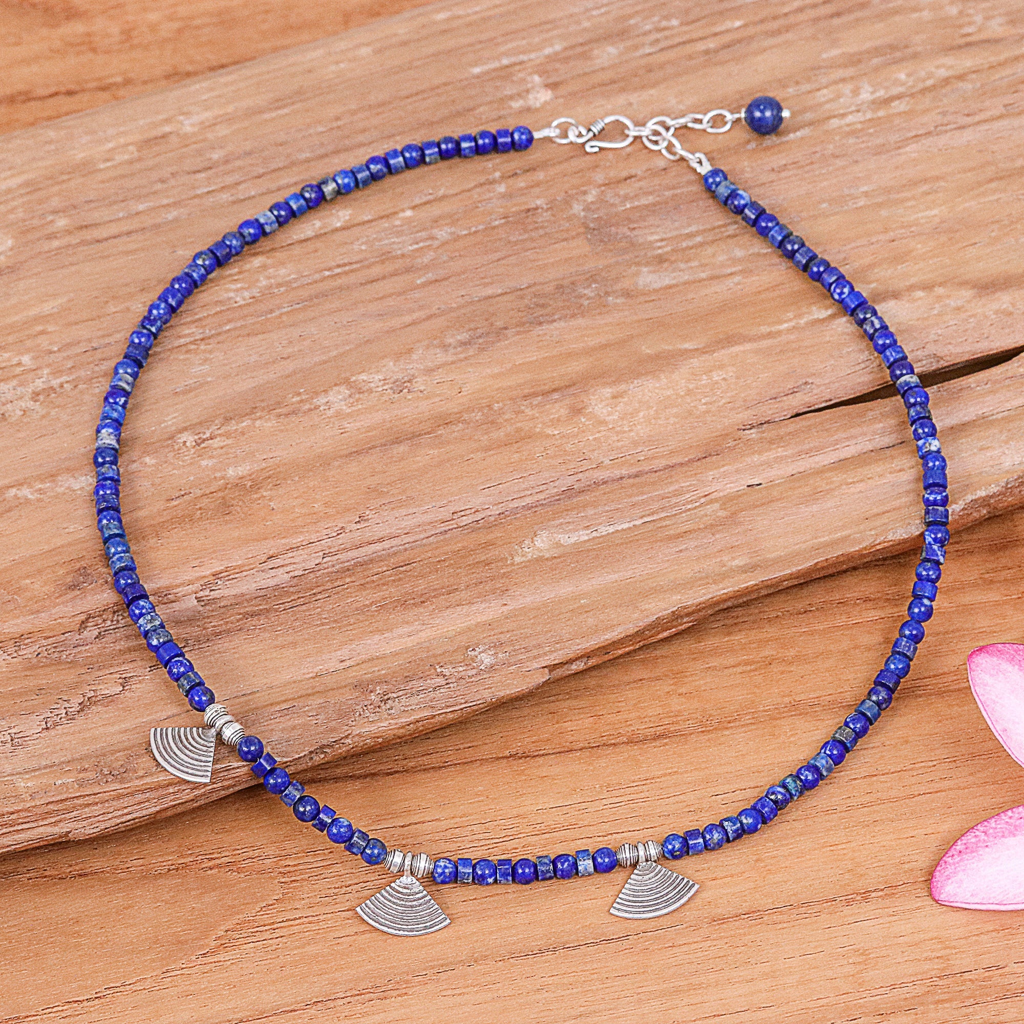 Lapis Lazuli Beaded Necklace with Fan-Shaped Silver Charms - Intellectual Amulet