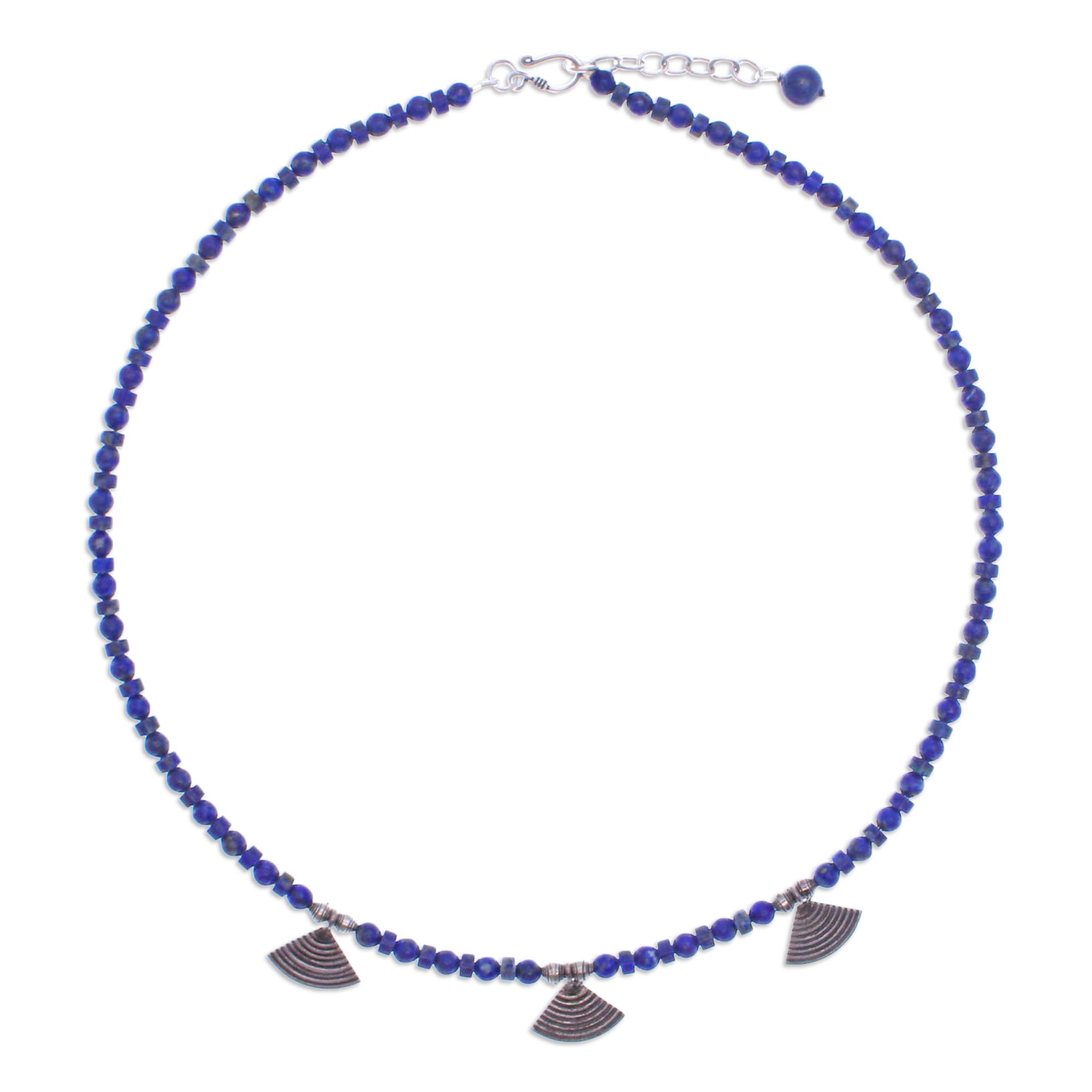 Lapis Lazuli Beaded Necklace with Fan-Shaped Silver Charms - Intellectual Amulet
