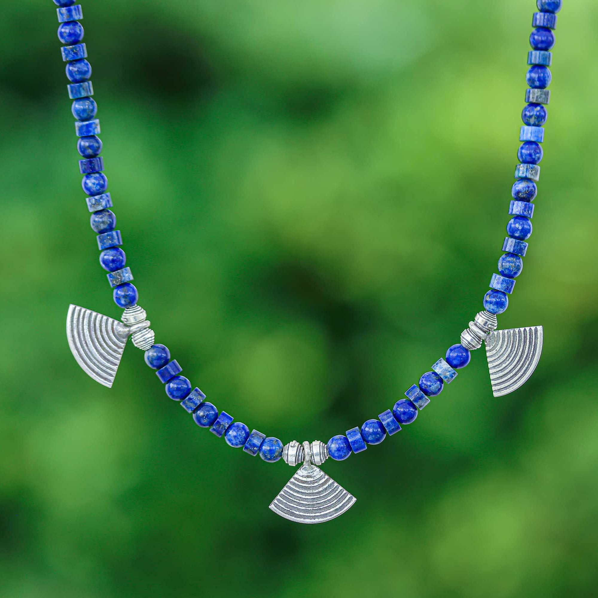 Lapis Lazuli Beaded Necklace with Fan-Shaped Silver Charms - Intellectual Amulet