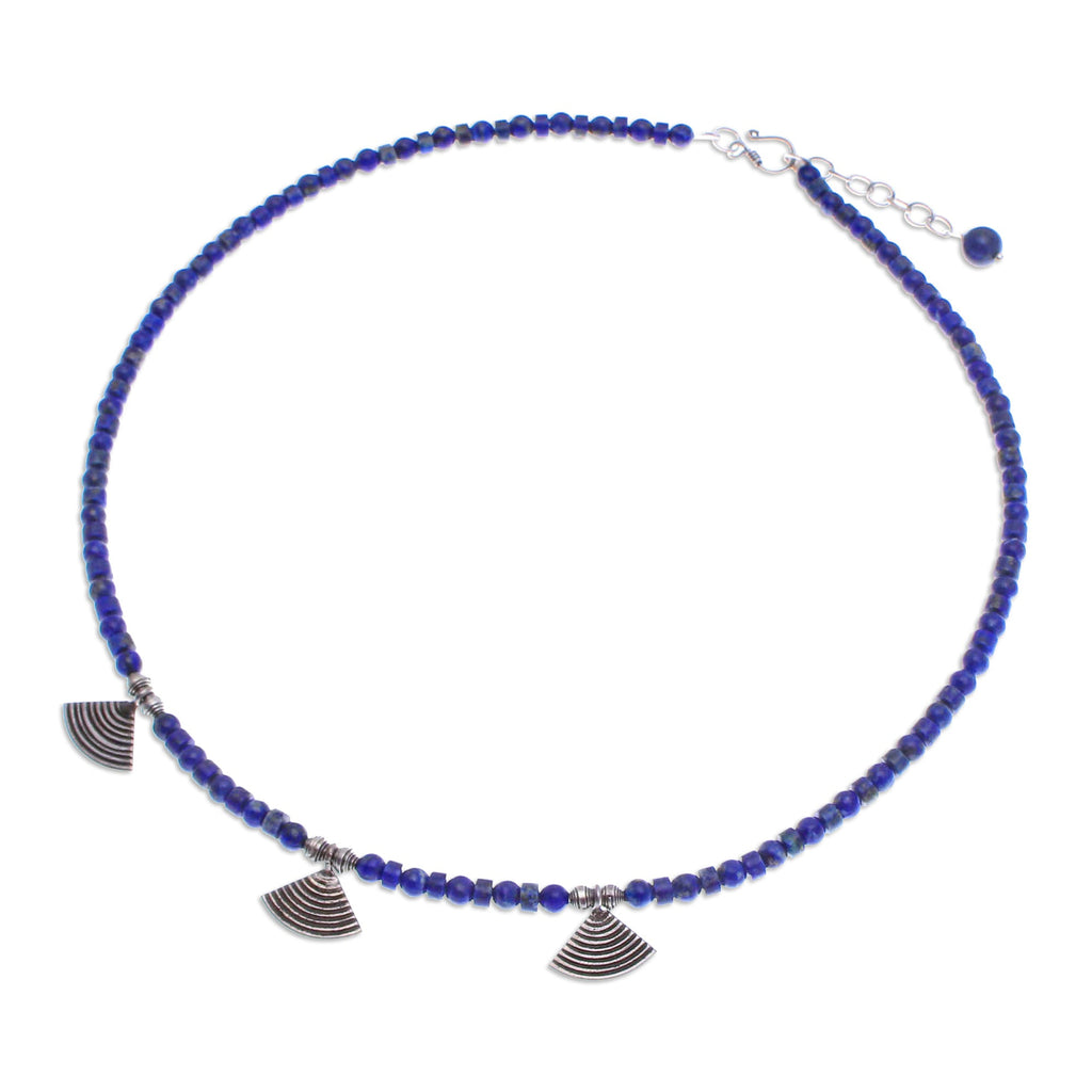 Lapis Lazuli Beaded Necklace with Fan-Shaped Silver Charms - Intellectual Amulet