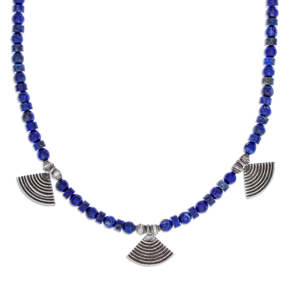 Lapis Lazuli Beaded Necklace with Fan-Shaped Silver Charms - Intellectual Amulet