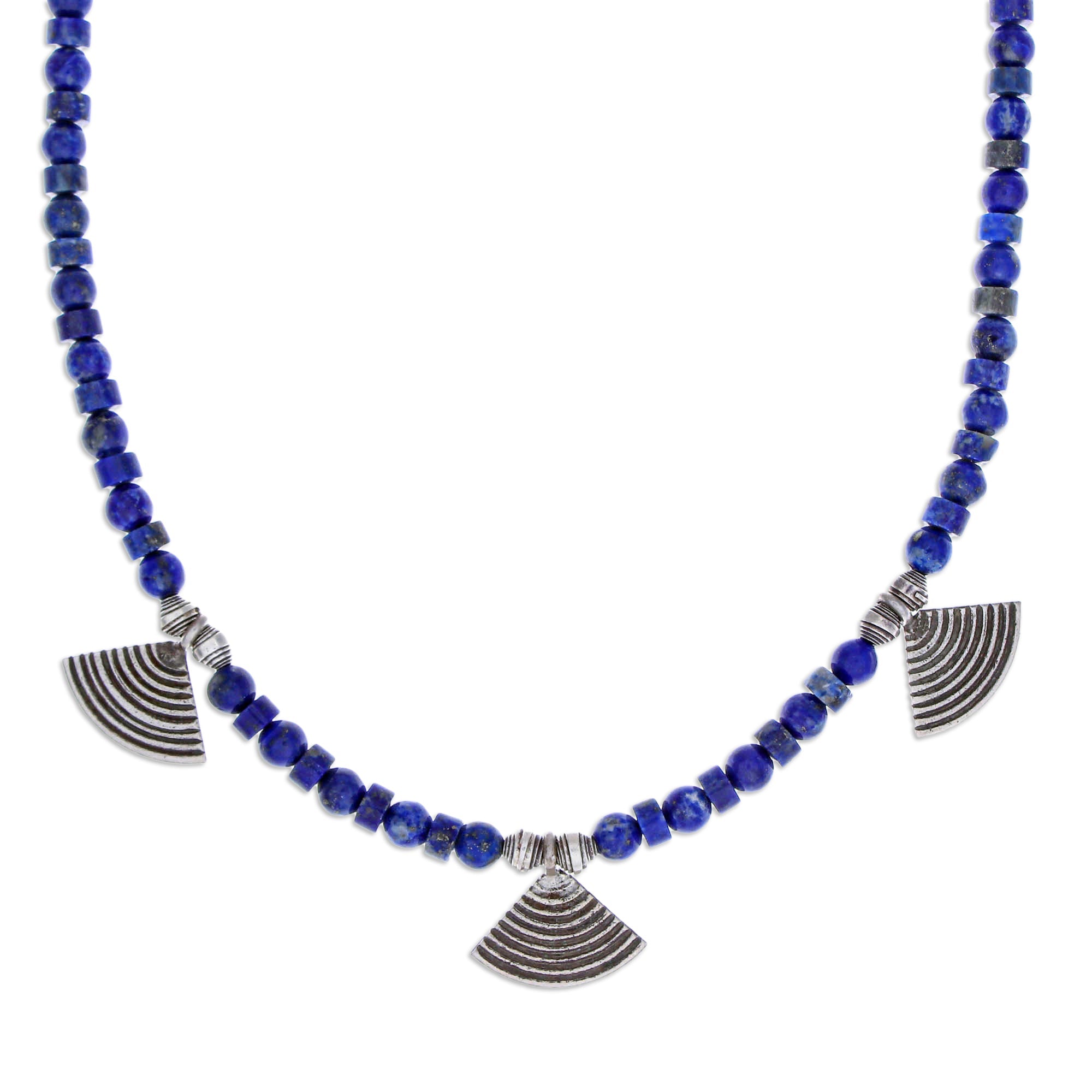 Lapis Lazuli Beaded Necklace with Fan-Shaped Silver Charms - Intellectual Amulet