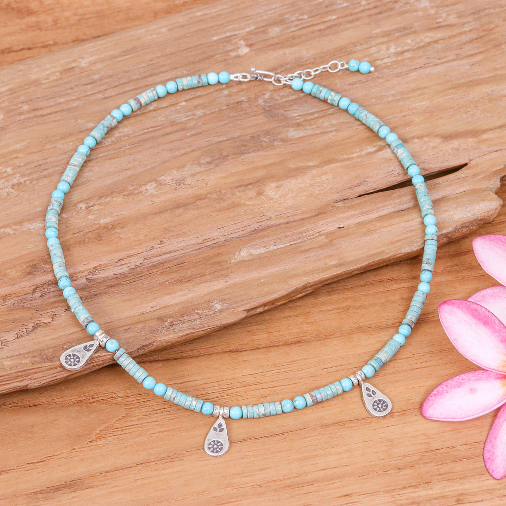 Recon Turquoise Beaded Necklace with Karen Silver Charms - Summer Charms