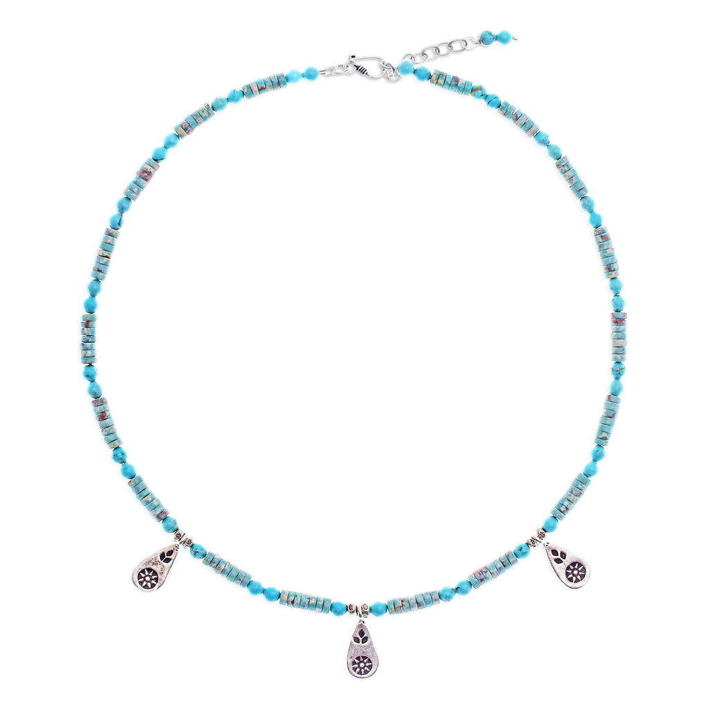 Recon Turquoise Beaded Necklace with Karen Silver Charms - Summer Charms