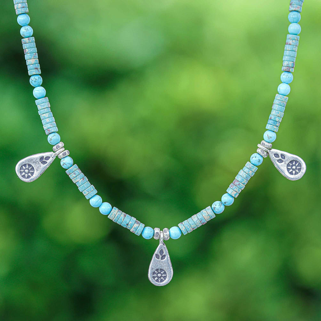 Recon Turquoise Beaded Necklace with Karen Silver Charms - Summer Charms