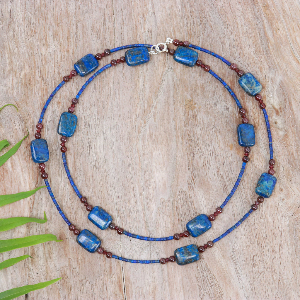 Long Station Necklace with Lapis Lazuli and Garnet Stones - Midnight Touch