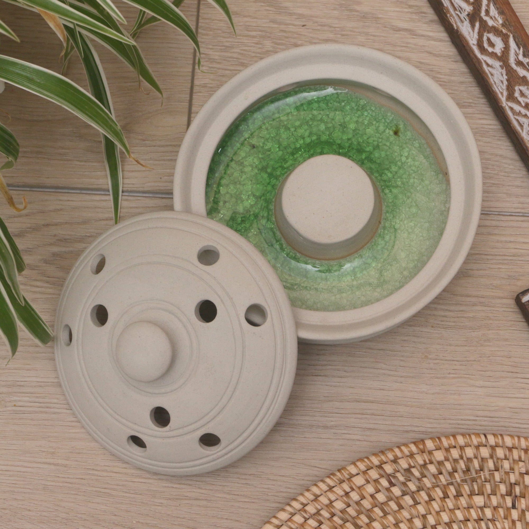 Handmade Porcelain Mosquito Coil Holder in Ivory - Polka Dots in White